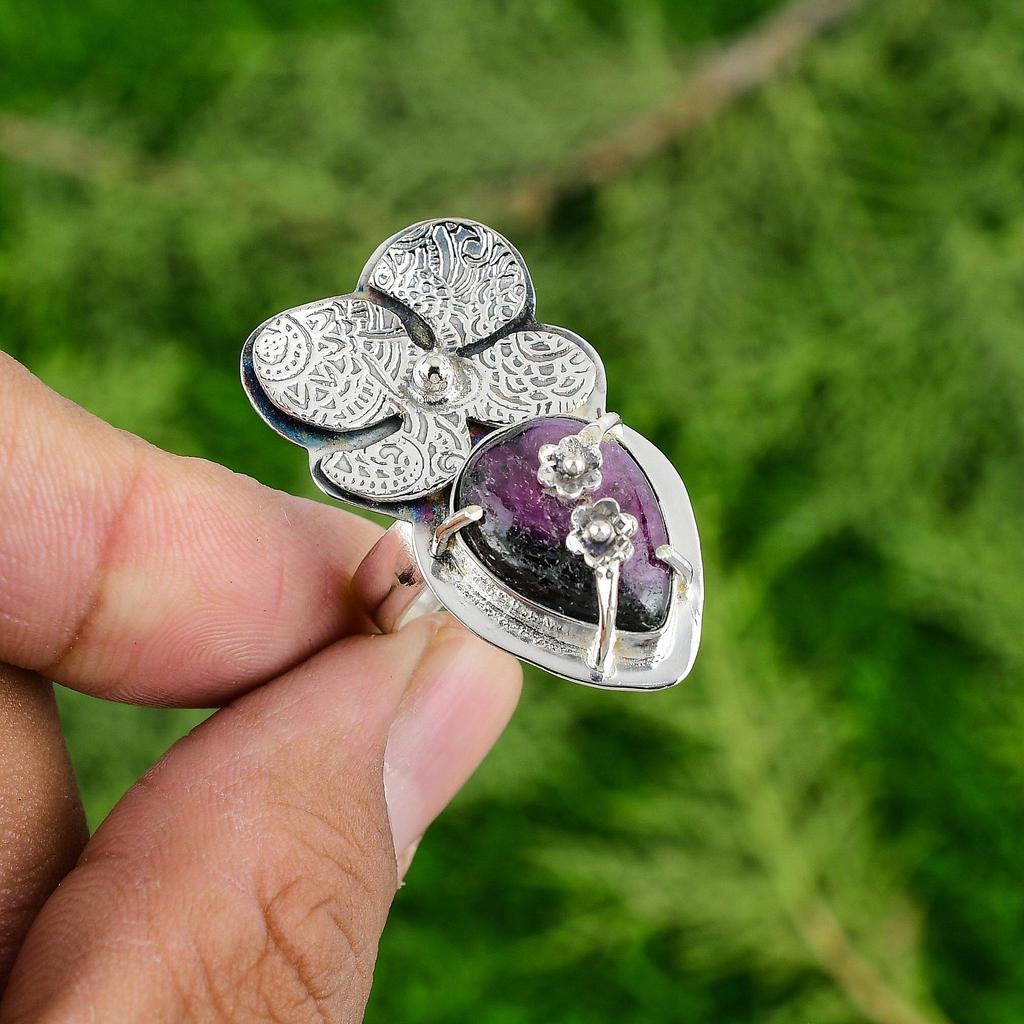 925 Silver Pear Star Ruby Gemstone Trendy Flower Stackable Handmade Ring Jewelry