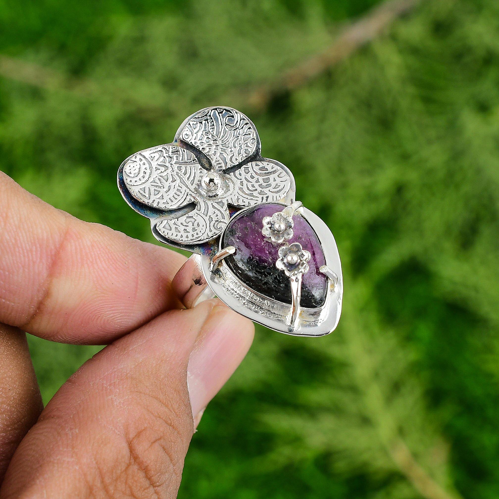 

925 Silver Pear Star Ruby Gemstone Trendy Flower Stackable Handmade Ring Jewelry Adjustable