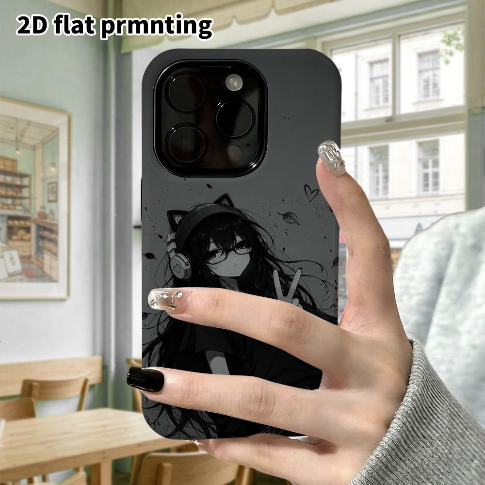 Phone Case: 2D flat, suitable for iPhone 18, 17, 16, 15, 14, 13, 12 Pro protective case, black and white anime girl, perfect Christmas and Halloween h