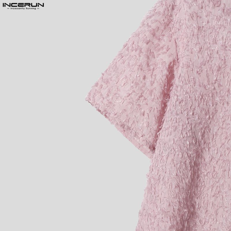 INCERUN Oversized Men Lapel Neck Short Sleeve Tassel Texture Casual Loose Shirts