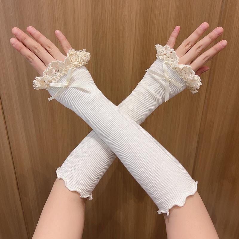 

Солнцезащитные кружевные нарукавники с бантом, теплые нарукавники с оборками для женщин, милые манжеты, до локтя, без пальцев, длинные рукава, аксессуары для костюма