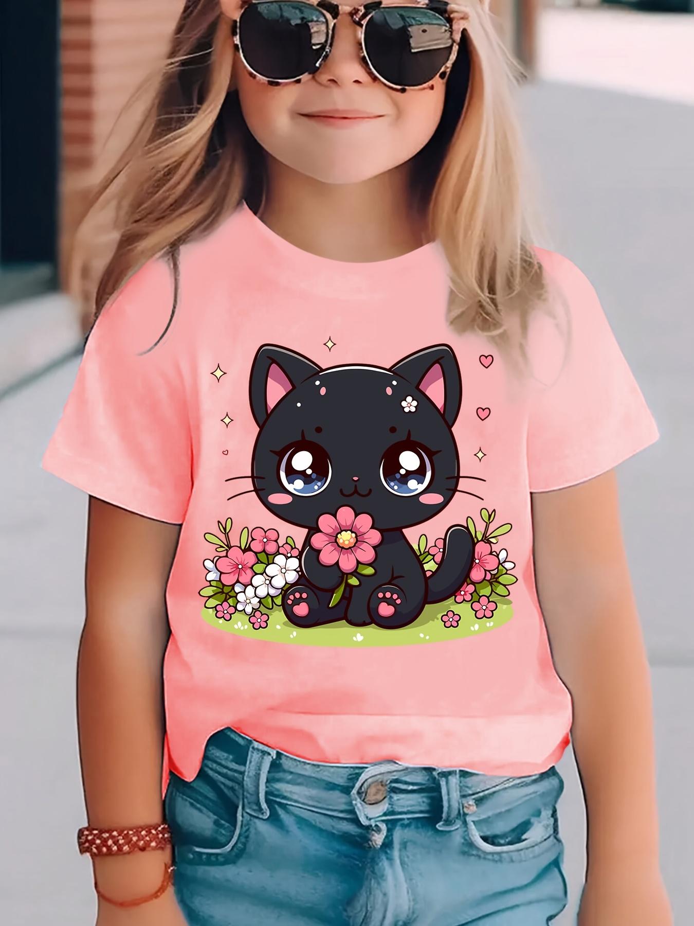 

Summer Fashion Girls Short Sleeve T-Shirt Cat Cartoon Pattern Print Casual Top 160