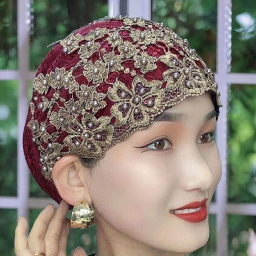Comfortable Ethnic Headscarf Hat Beaded Decoration Pullover Hat Head Wrap Cap  Ethnic Style