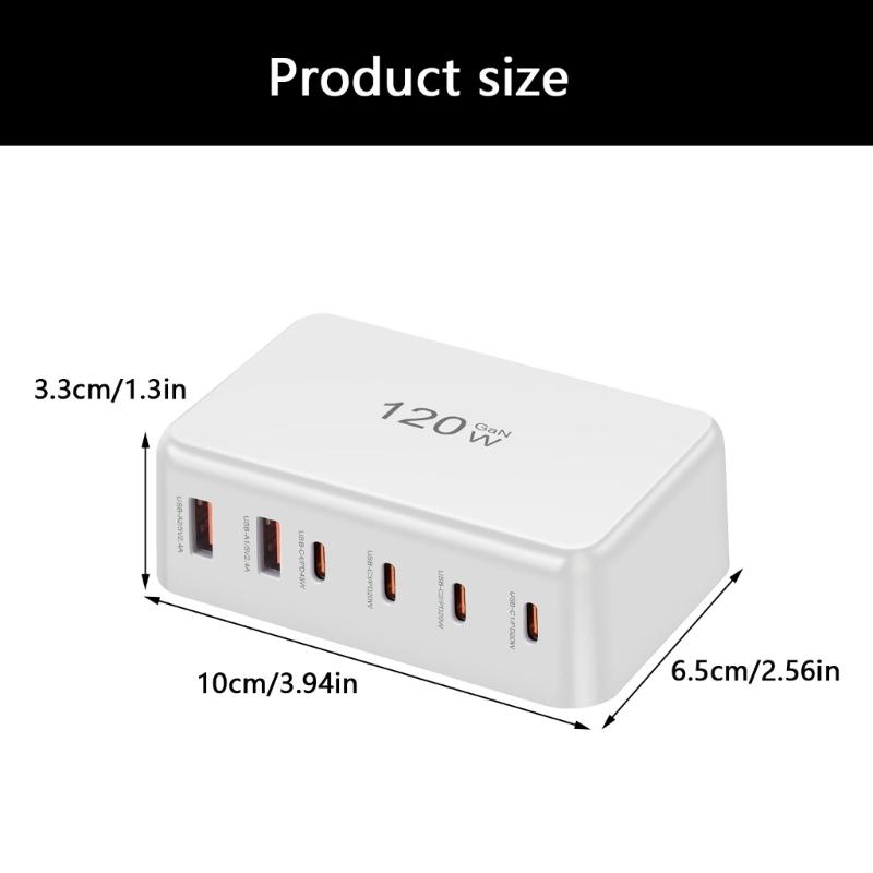 PD120W 4C2A Desktop Charger 4USB C 2USB A Port Fast Charging Hub Power Adapter for Multiple Devices ABS Housing