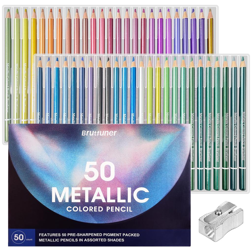 Roleness Metallic Colored 50 for Kids and Coloring Book Soft Gift Pencil Sharpener Included Pencils, Colors, Oil-Based, Adults, Set, Lead, Set,