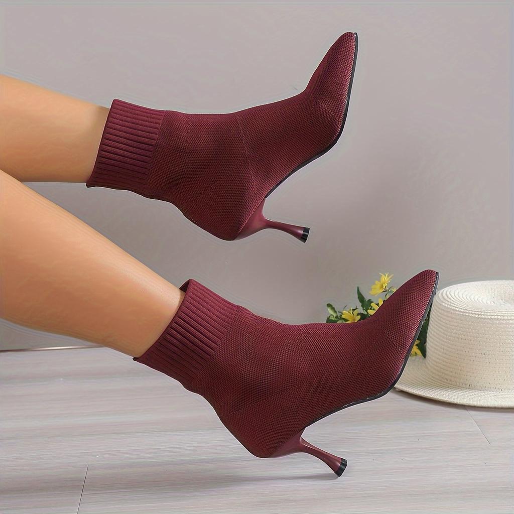 Women's Autumn Pointed Toe High-Heel Sock Boots - Stretchy Knit Ankle Boots, Korean Style Slim Fit Booties with Chunky Heel for Fall & Winter