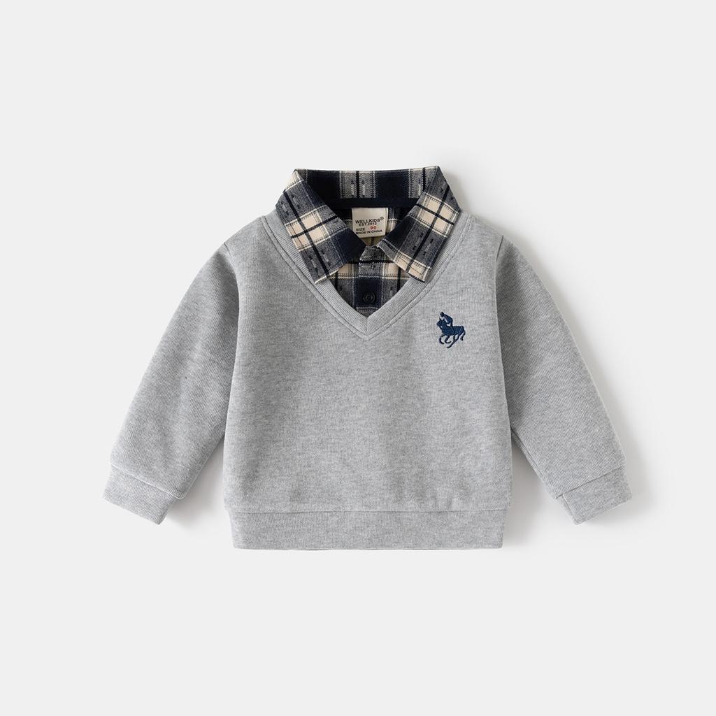 Spring new Korean version of boys' fake two-piece sweater children's shirt collar jacket baby V-neck top children's clothing