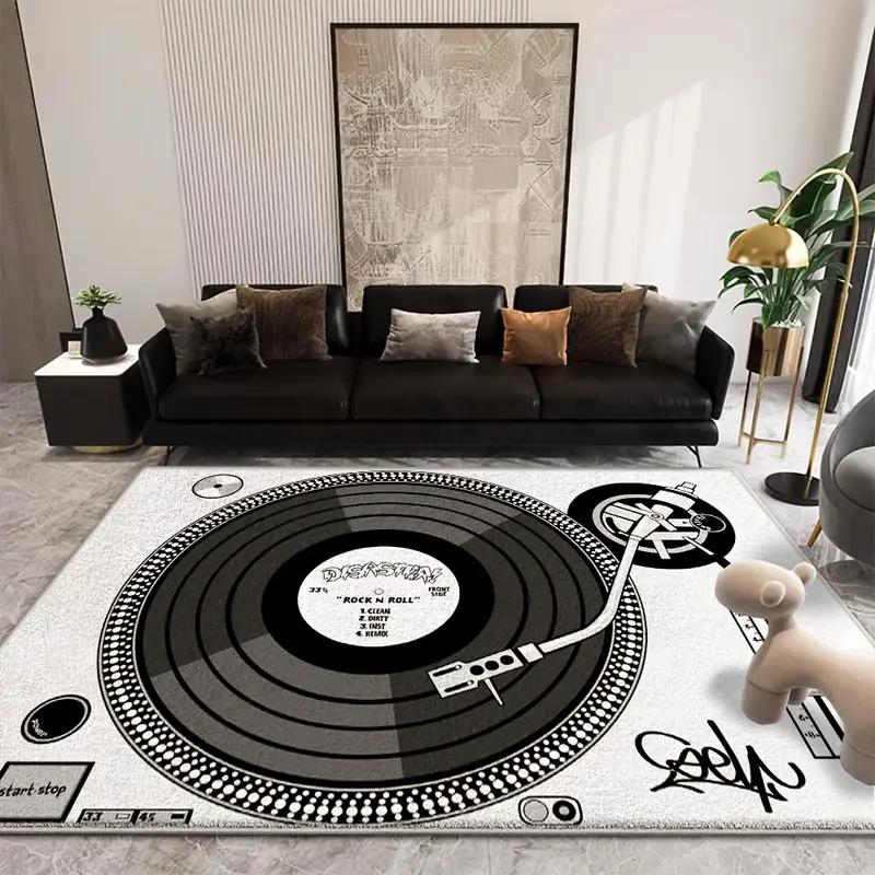 Retro Vinyl Record Player Rugs Music Theme Design Pioneer Brand Life Is Music Text for Modern Living Room Decor