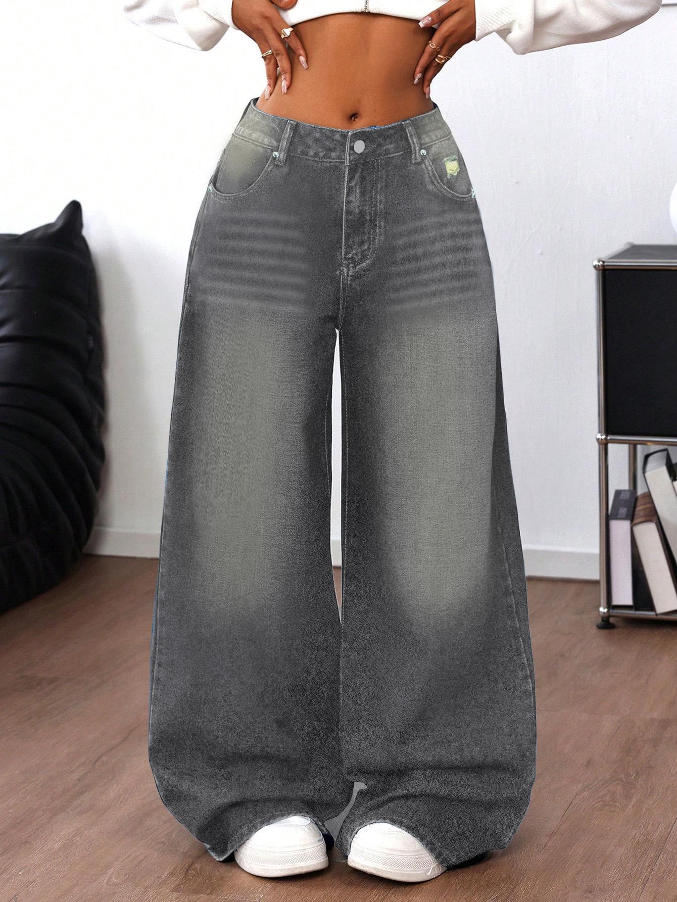 

Washed Grey Ripped Wide-Leg Floor-Length Jeans for Women - Loose Casual Fit L