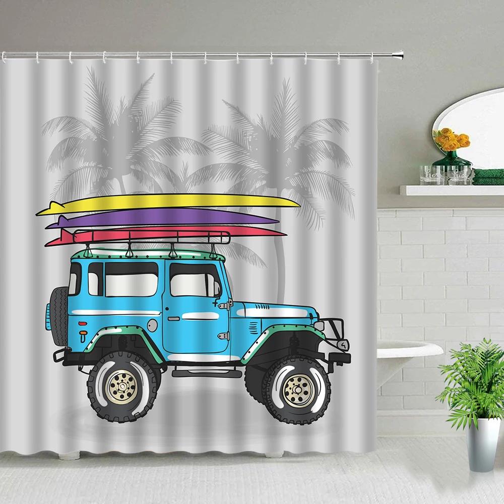 

Retro Bus Surfboard Shower Curtains Summer Coconut Tree Scenery Home Bathroom Decoration Waterproof Fabric Bathtub Screen W60H190(CM)-1 Pcs