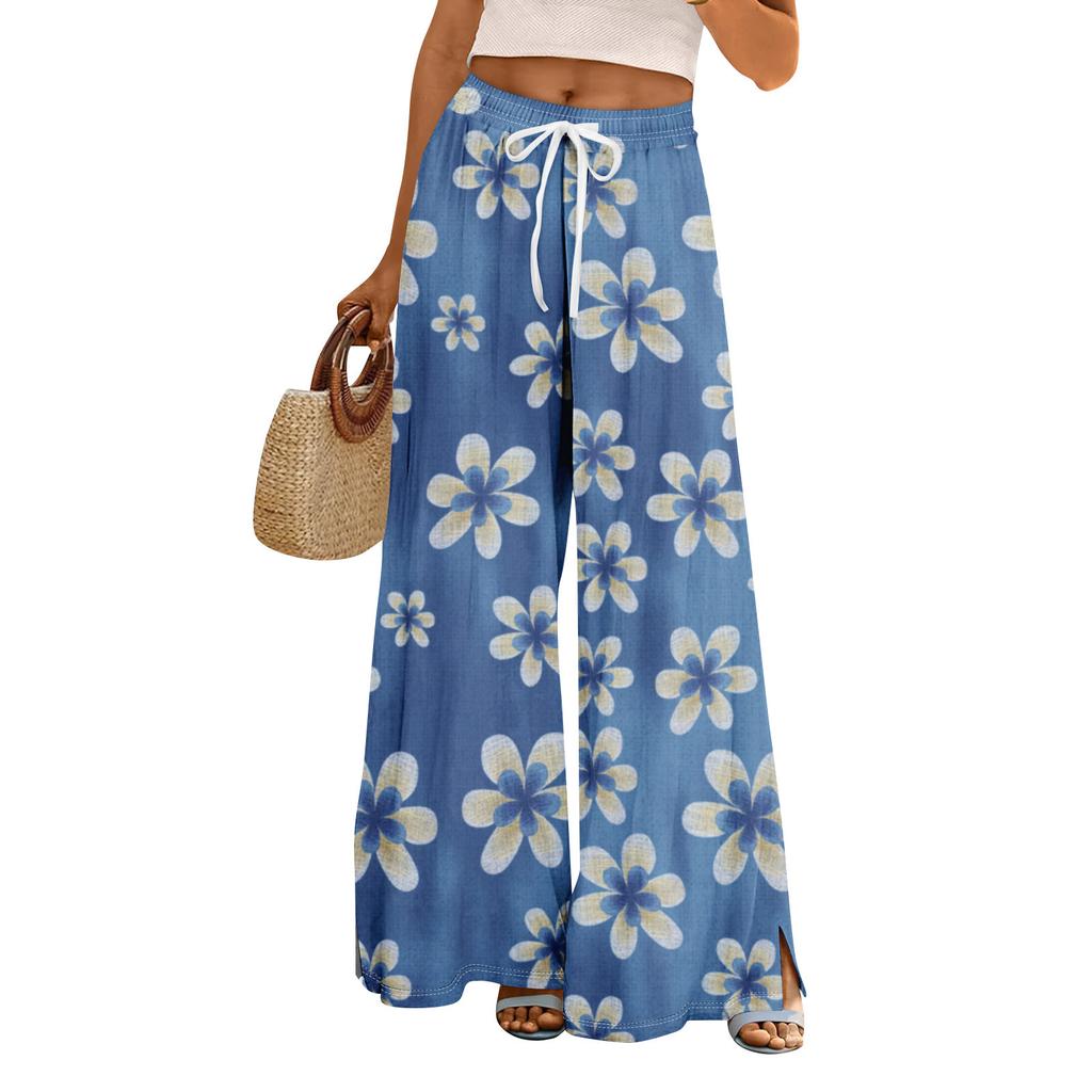 Women Summer Boho Palazzo Pants High Waist Wide Leg Floral Printing Casual Trousers With Pockets