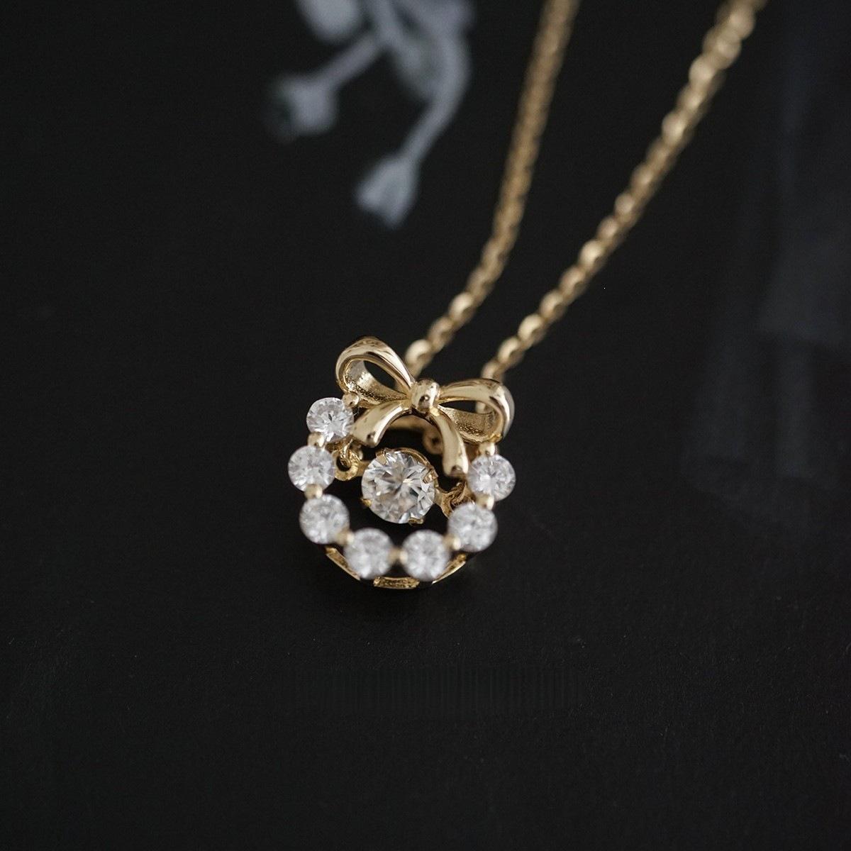 14K Gold-Plated Sterling Silver Christmas Wreath Necklace with Cubic Zirconia Bow 14K Gold