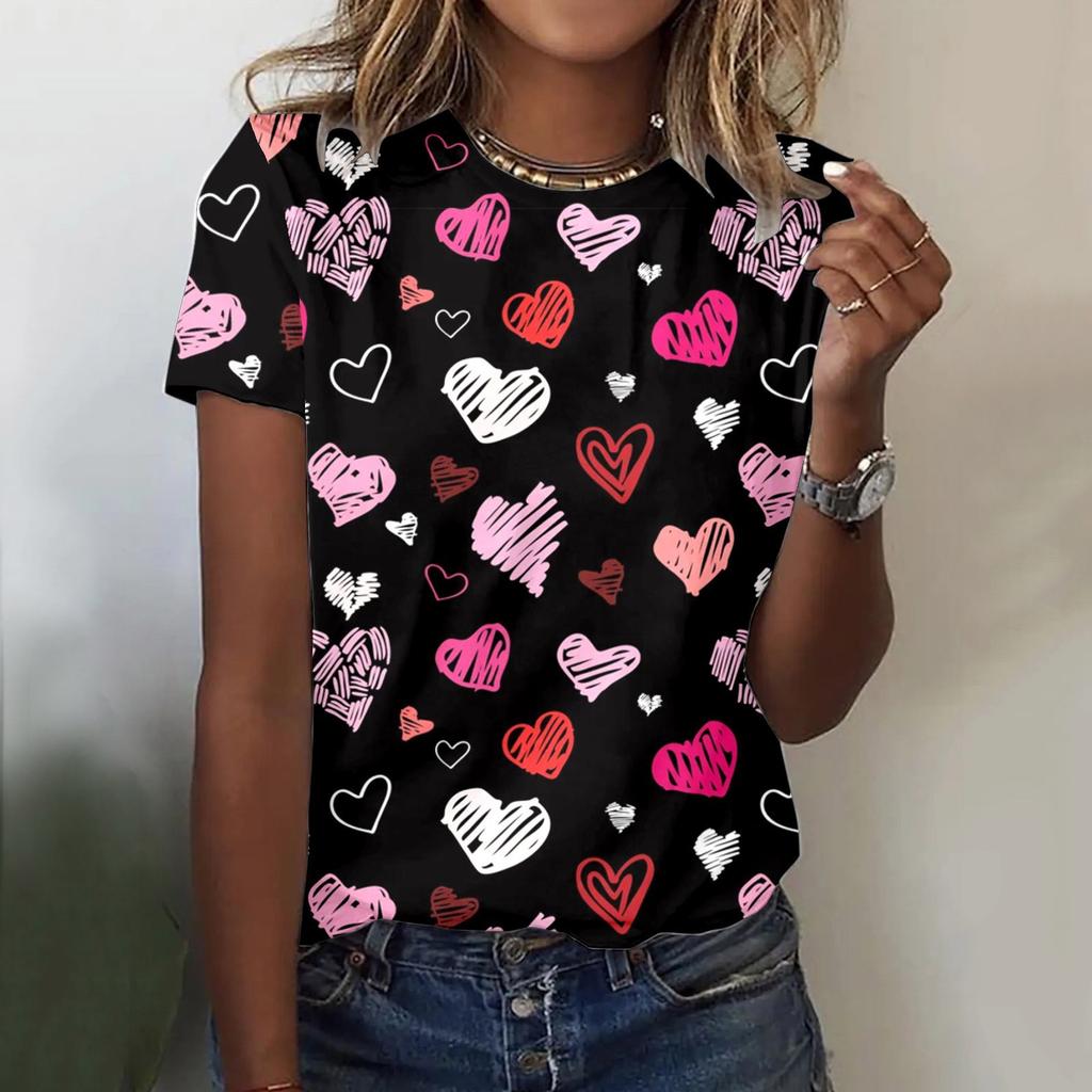 Summer Round Neck 3D Love Flower Print Top Fashionable Casual Short Sleeved Women's T-shirts