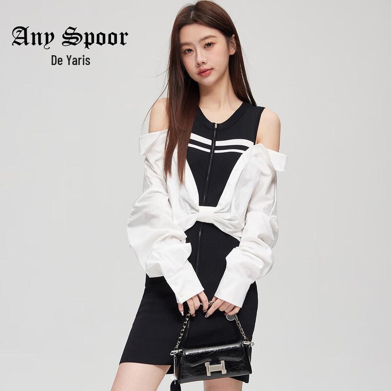 ANY SPOOR Women's Faux Two-Piece Off-Shoulder Knit Shirt