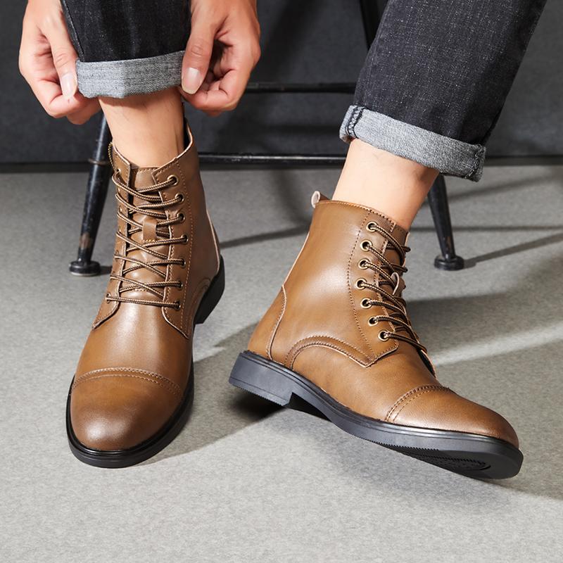 Men’s Motorcycle Boots Winter Black Leather Street Style Ankle Boots with Fur for Men Plus Size High Top