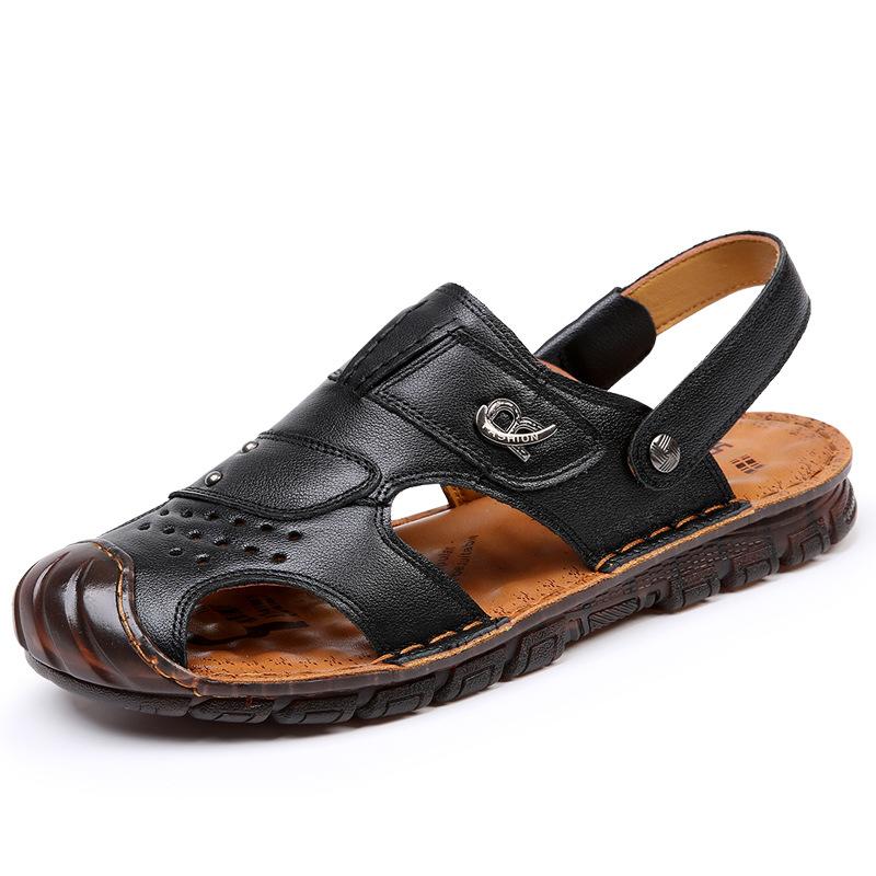 2025 Summer Shoes Mens Genuine Leather Sandals Flat Non-slip Summer Holiday Cowhide Male Footwear