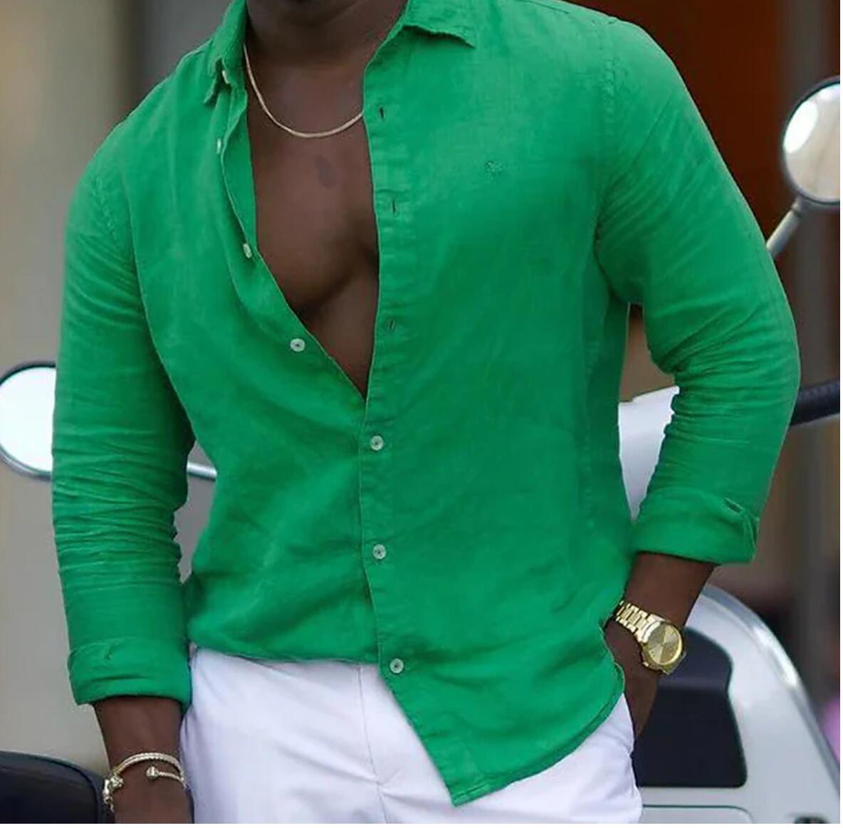 

Бавовняна та лляна нова чоловіча сорочка з довгим рукавом однотонна повсякденна сорочка з лацканами XL зелений