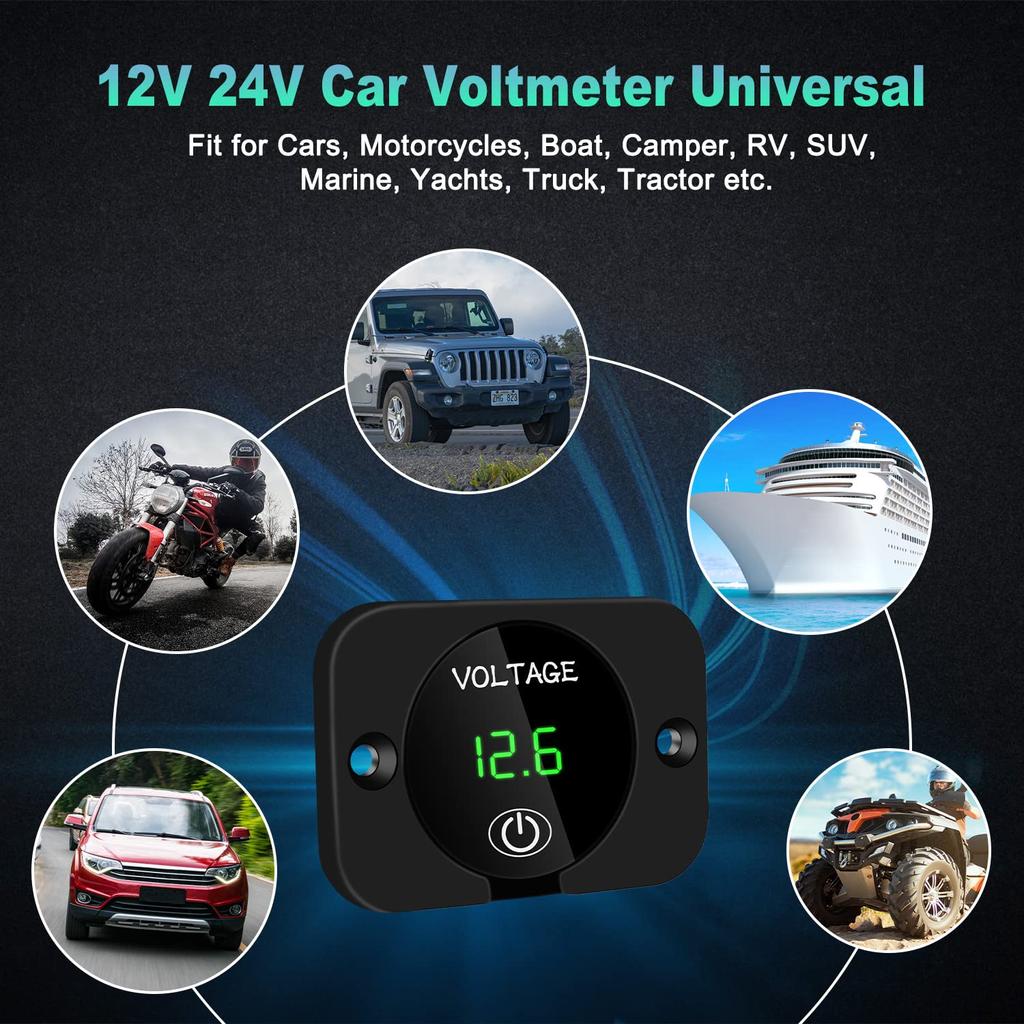 DC 12V 24V LED Car Digital Voltmeter, Waterproof Voltage Meter Car Battery Tester with Touch Switch Display Panel with Connection Cable for Car Etc.