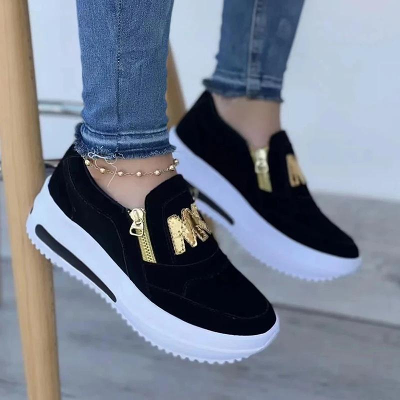 Vulcanized Shoes for Women Side Zipper Platform Tennis Female Sneakers Flat Shoes Solid Pu Leather Non Slip Shoe Chaussure Femme