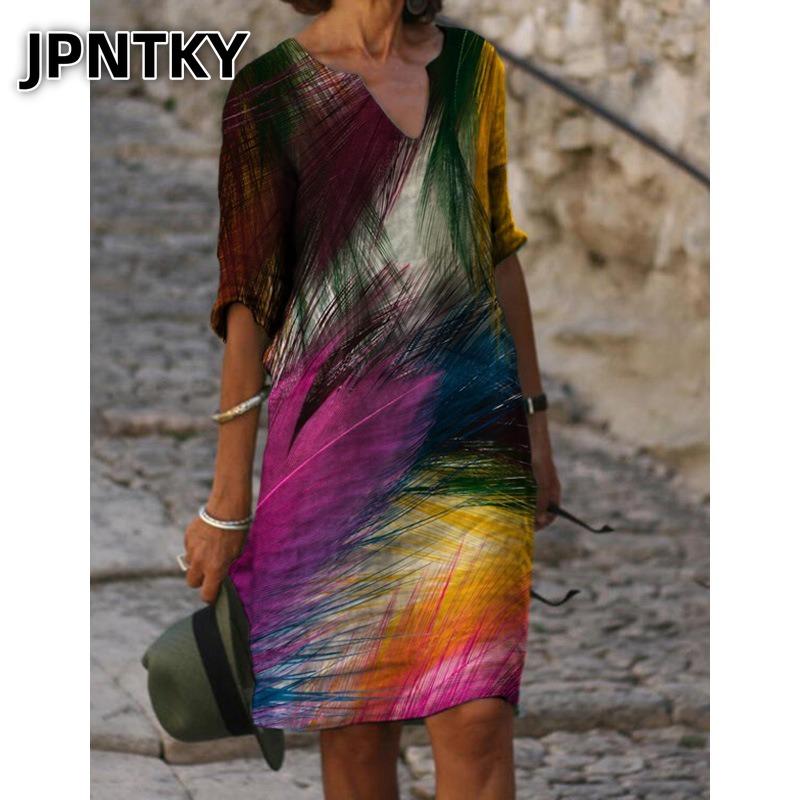 JPNTKY Fashion Summer Spring 1/2 Sleeves V-Neck Casual Dresses