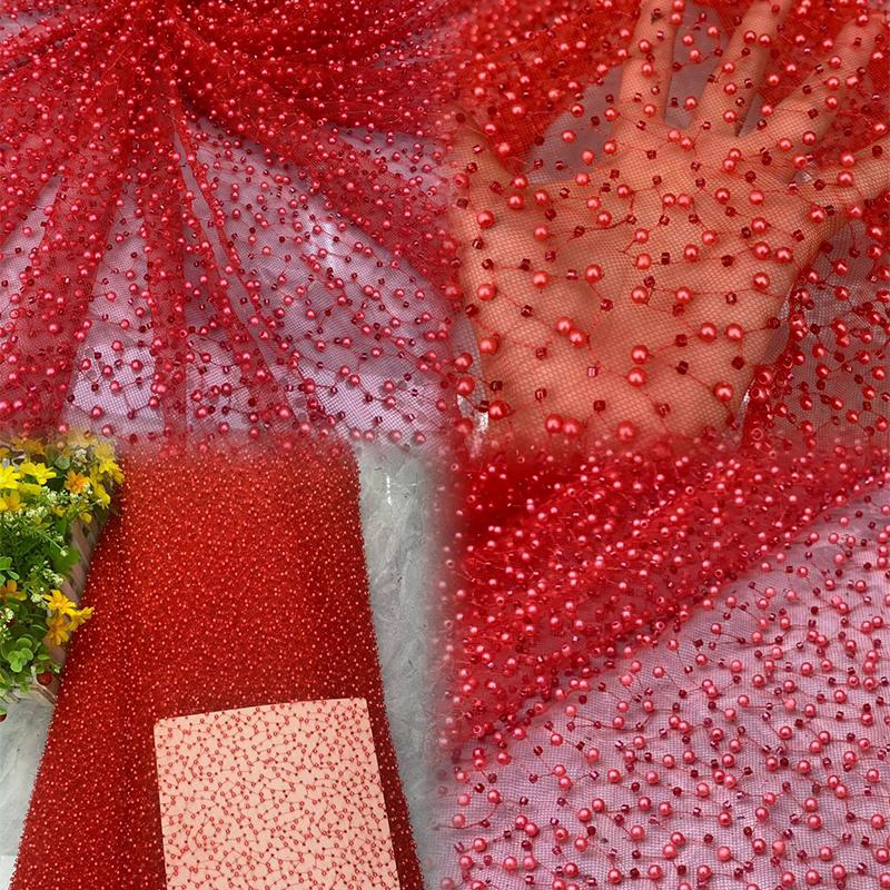 1 Yard  Luxury Heavy Embroidery Pearl Sequin Bead Fabric Gorgeous African Gauze Lace Fabric DIY Handmade Wedding Dress Garments