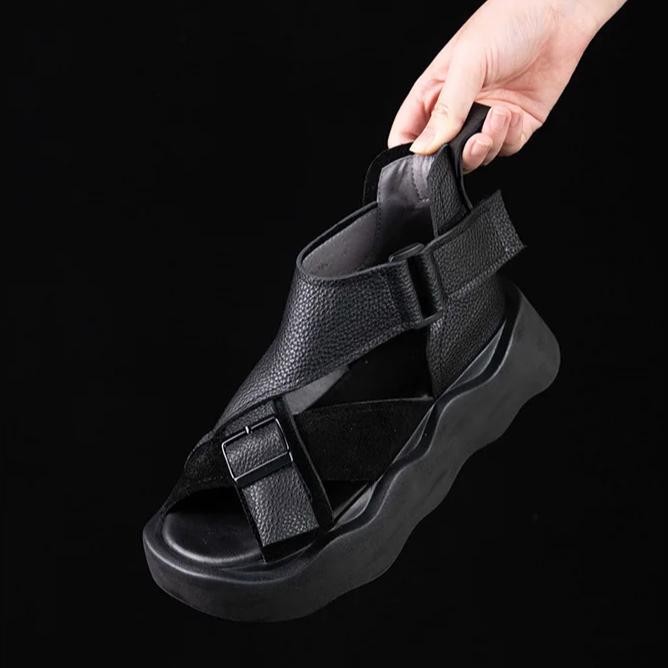 Johnature Genuine Leather Flat Platform Sandals Vintage Peep Toe Thick Soled Women's Shoes