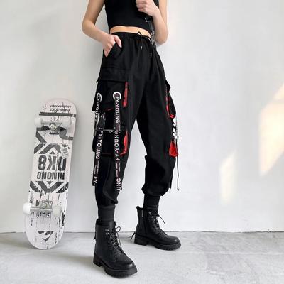 Women Harajuku Elastics High Waist Cargo Pants Harem Pants Fashion Punk Pockets Jogger Trousers with Chain