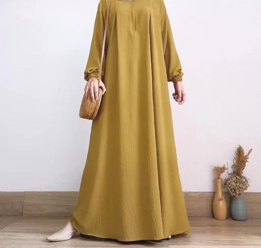 2024 Middle East Muslim Women's Puff Sleeve Dress with Zipper Placket and Elastic Cuffs