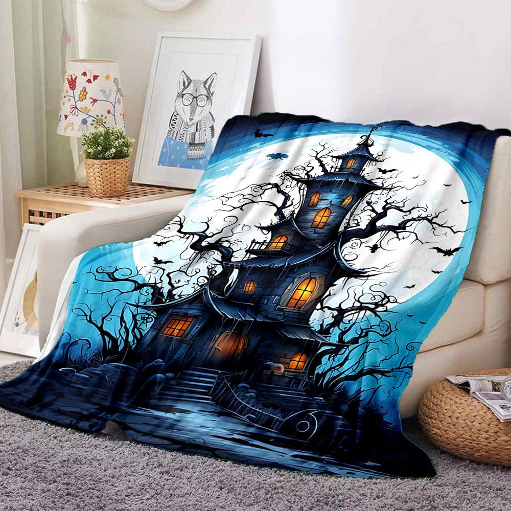 1pc Halloween Haunted House Moonlit Night Blanket, Lightweight Flannel Throw Blanket For Sofa, Bed, Travel151