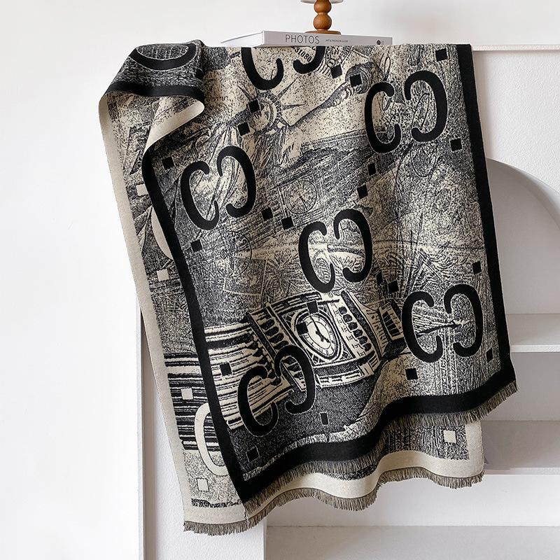 women's double-sided imitation cashmere thermal scarf retro ethnic style niche versatile scarf