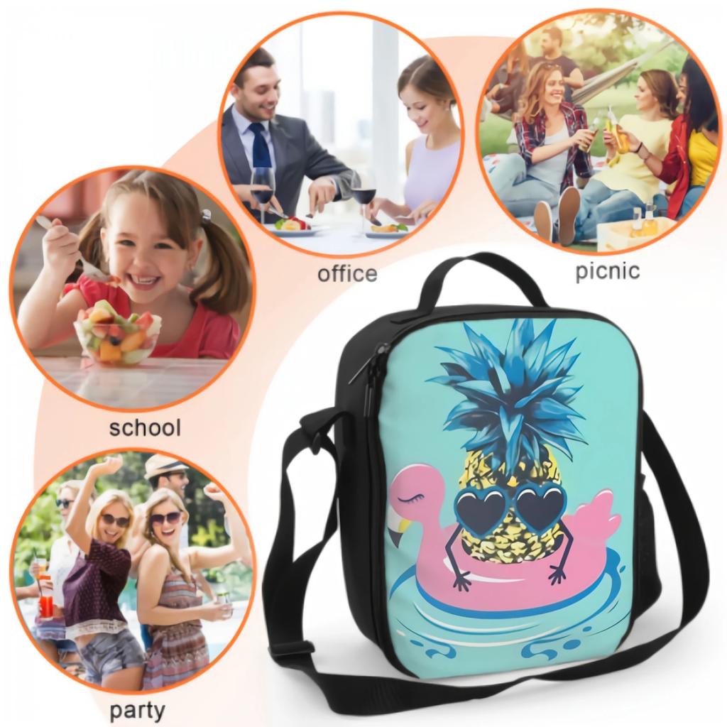 Cute Pineapple In Sunglasses Floats On Pink Flamingo Insulating Thermal Lunch Bags for Kids Boys Girls Washable Lunch Container