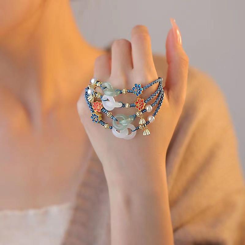 Ethnic Style Flower Lotus Jade Pearl Braided Bracelets Adjustable Woven Bracelet For Women  Jewelry Accessories