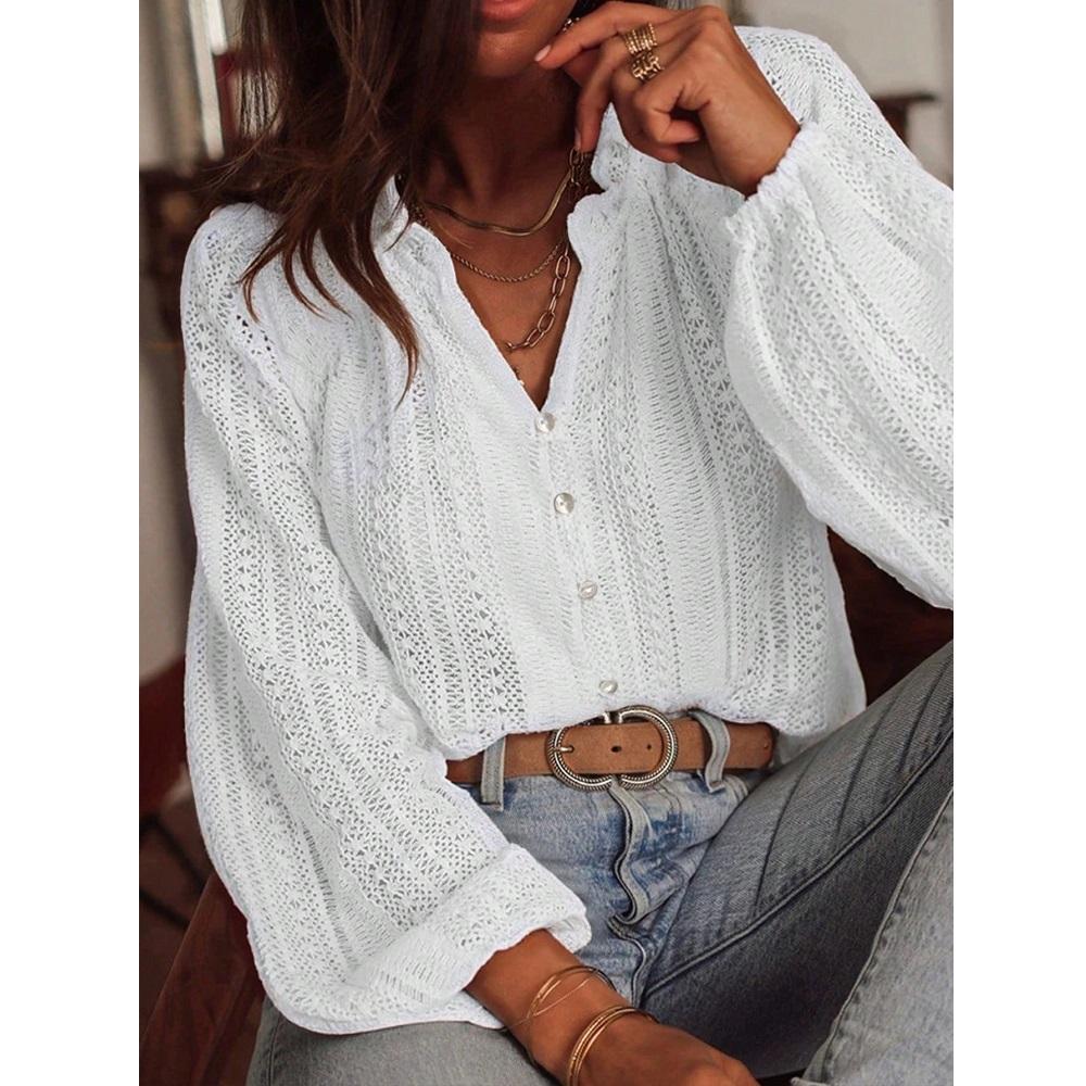 

Women Autumn Blouses and Shirts Lace Hollow Out Long Sleeve V-neck Single Breasted Shirt Tops Blusas de mujer S білий