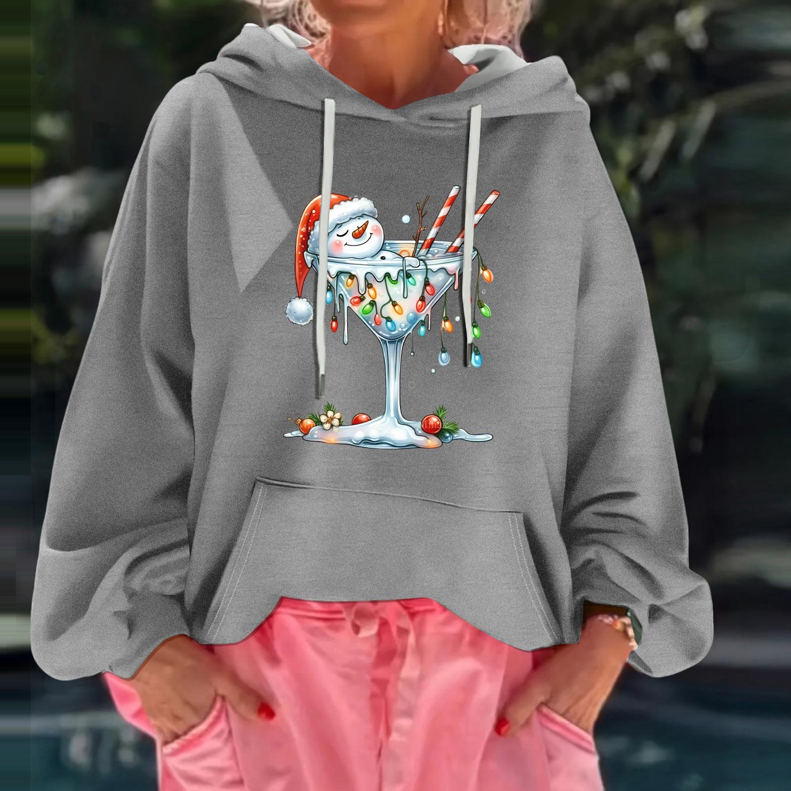 

Женский рождественский принт, свободный повседневный худи с длинным рукавом и капюшоном XXL