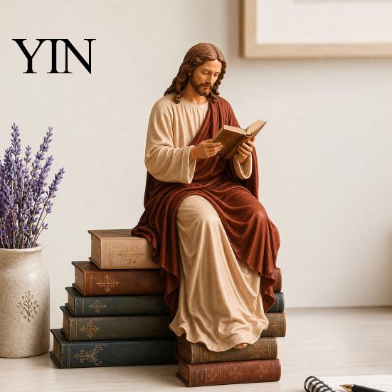 Maagd Maria Beeldje Lezend voor Boekenplank, Hars Jezus Beeldje Plank Slaapkamer Religieus Ornament Zitter, Decoratief Beeld Huis Kantoor, Cadeau