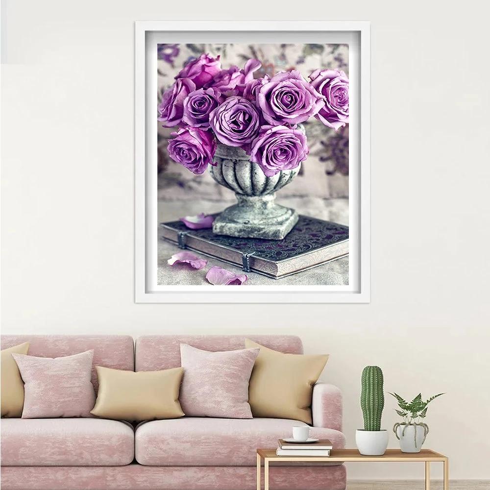 HUACAN Full Square Diamond Painting Rose 5D DIY Diamond Embroidery Flower Picture Of Rhinestone Diamond Mosaic Vase Home Decor