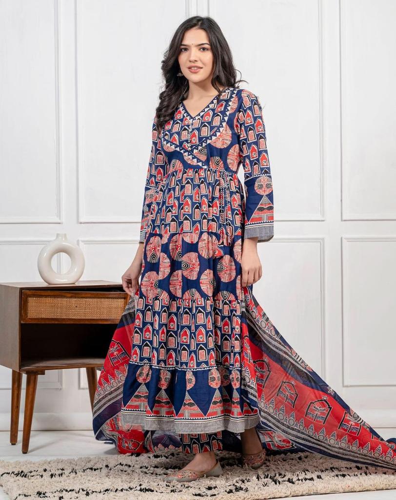 Indian Pakistani Designer Angrakha Style Kurti Pant Dupatta Set Party Wear Bollywood Salwar Suit