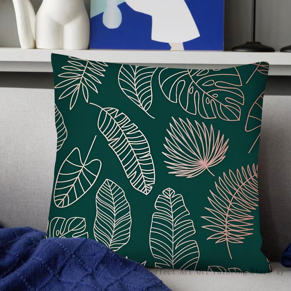 Grüne Blätter mit goldenen Rändern Kissenbezug Mode Quadratischer Kissenbezug Schlafzimmer Sofa Zimmer Innendekoration Freizeit Kissenbezug 40x40