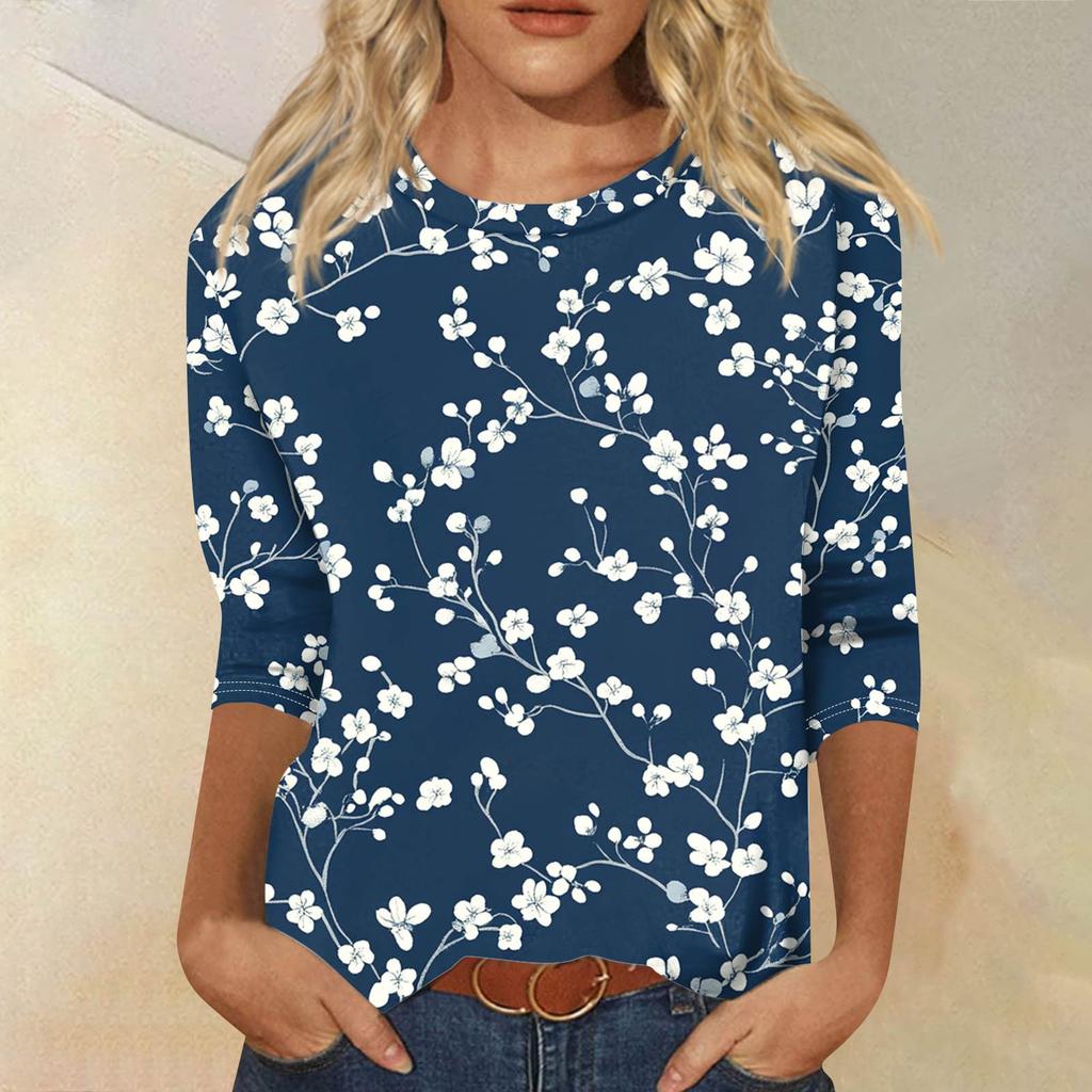 Women's Fashion Casual Seven Sleeve Printed Round Neck T-Shirt Top