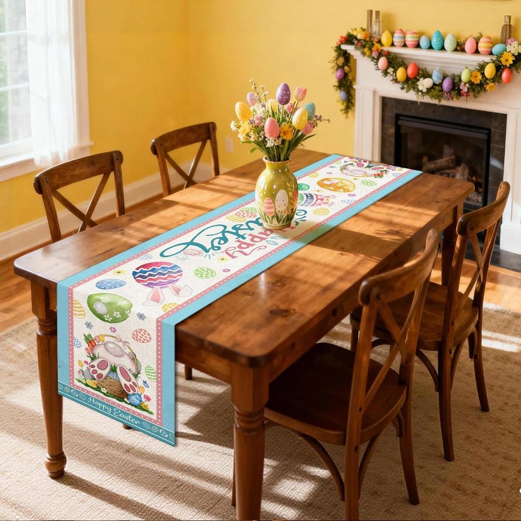 Hexagram Easter Table Runner, Easter Table Runners 72 Inches Long Bunny Eggs Spring for Party Home Dinner Decor