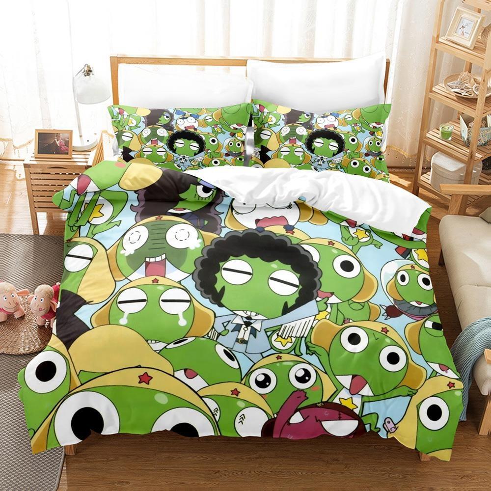 3D Kawaii Cartoons Bed Sheet Keroro Frog Bedding Set Single Twin Full Queen King Size Bed Set Adult Kid Bedroom Duvet Cover Sets