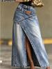 Neues Design Patchwork Lagen-Wasch-Denim-Hose Langer Rock Damen