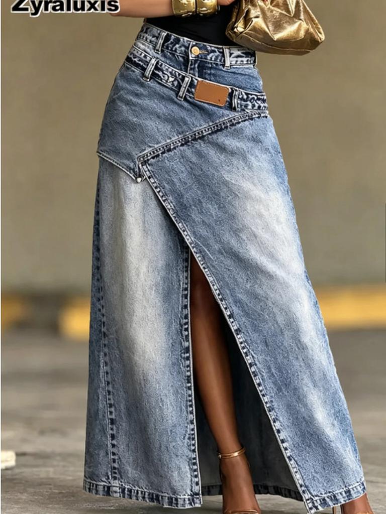 Neues Design Patchwork Lagen-Wasch-Denim-Hose Langer Rock Damen