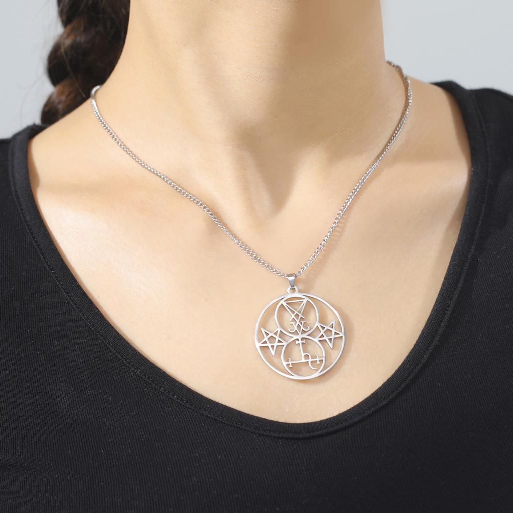 Lucifer Lilith Doppelsiegel Anhänger Halskette Satanisches Pentagramm Amulett Edelstahl Gotischer Schmuck