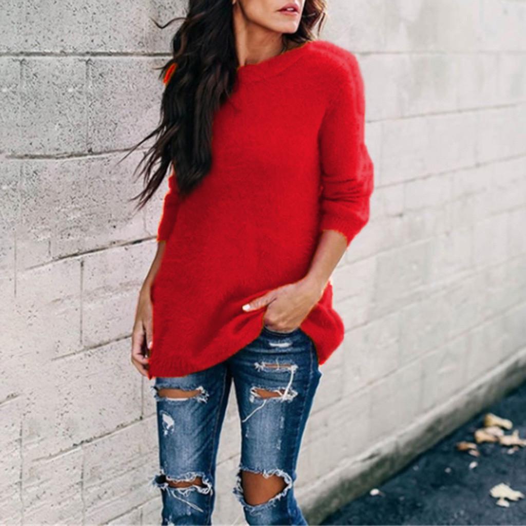 Women Ladies Fashion Winter Plush Solid Round Neck Long Sleeve Sweater Blouse
