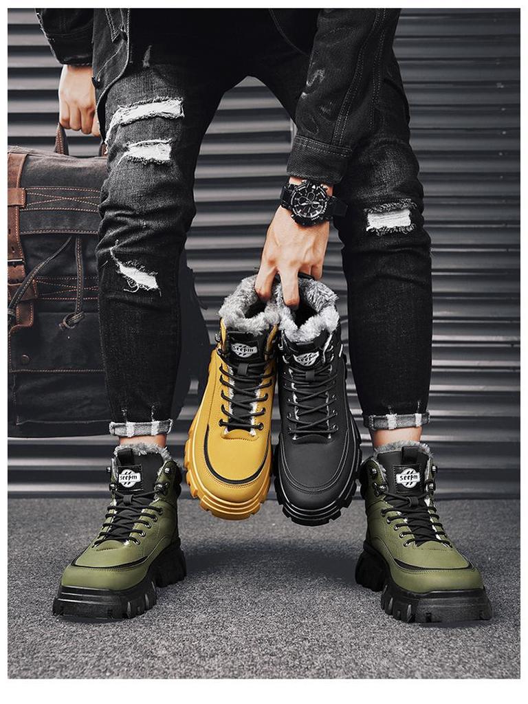 British Style Men's Winter High-Top Velvet Lace-Up Cotton Boots with Thick Soles