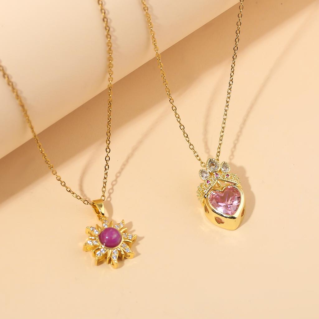 2PCS/Lot Anime Princess Long Hair Sun Crystal Crown Charm Necklace Rapunzel Rhinestone Girl Gift Pendant Chain Elegant Jewelry