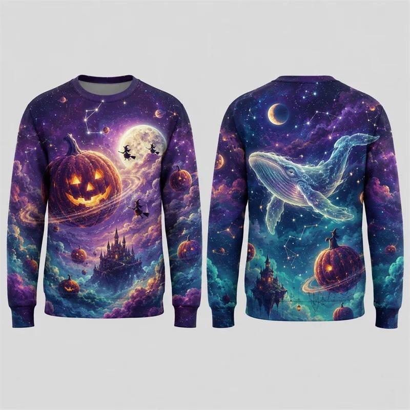New Autumn 2026 Skeleton Surfing Motel Hoodie Men's Halloween Printed Polyester Round Neck Long Sleeve Horror Street Leisure