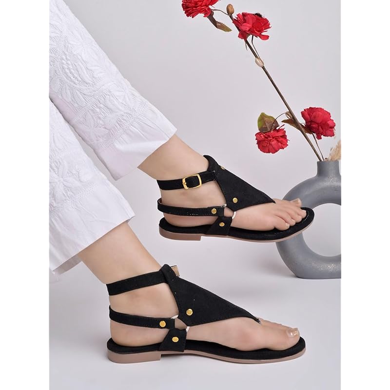 Shoetopia Women S Snd-130 Flat Sandal-6 Kids Uk (Snd-130-Black)-Eu39 6 UK чёрный