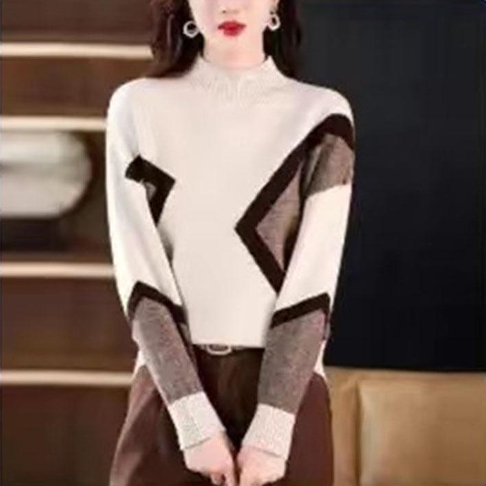 Thickened Women's Autumn Winter Edition Color Block Knitted Half High Neck Sweater